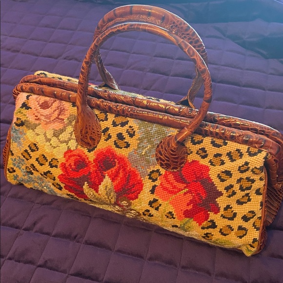 Clever Carriage Company Handbags - Clever Carriage Co. Floral Needlepoint Doctor Satchel, Croco Embossed Leather